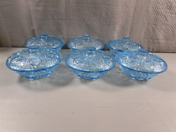 LARGE COLLECTION OF LIGHT BLUE GLASS SERVEWARE - ALL ARE NEW