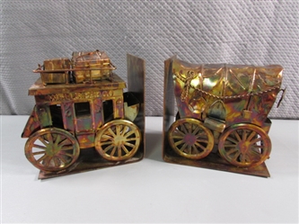 COPPER STAGECOACH & COVERED WAGON BOOKENDS