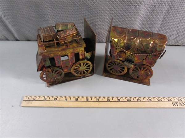 COPPER STAGECOACH & COVERED WAGON BOOKENDS