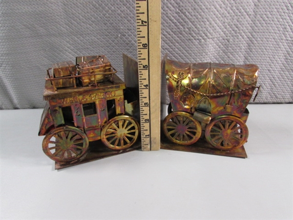 COPPER STAGECOACH & COVERED WAGON BOOKENDS