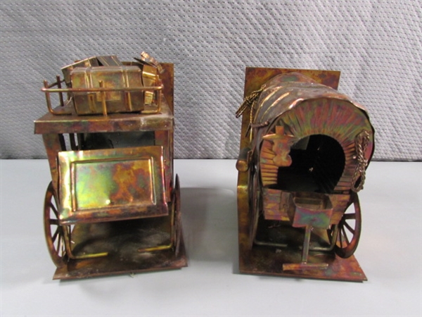 COPPER STAGECOACH & COVERED WAGON BOOKENDS