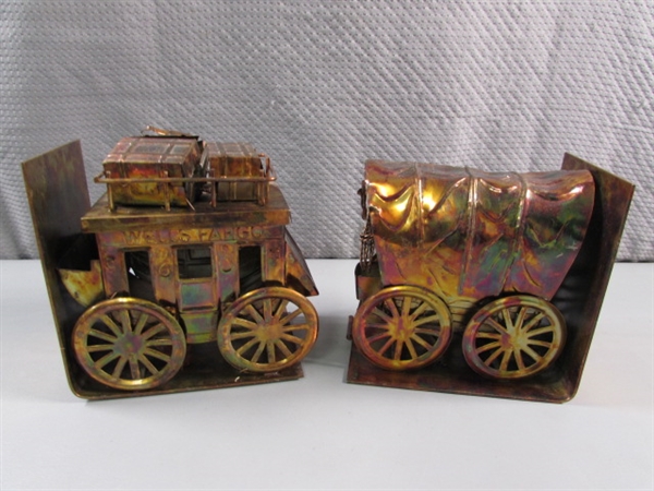 COPPER STAGECOACH & COVERED WAGON BOOKENDS