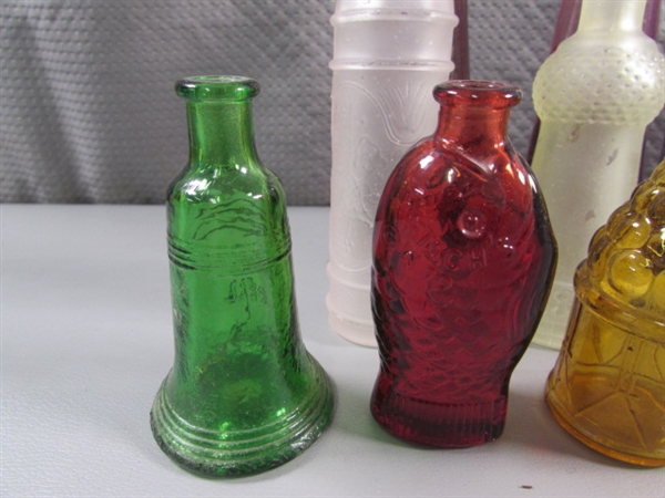 COLLECTION OF SMALL COLORED GLASS BOTTLES