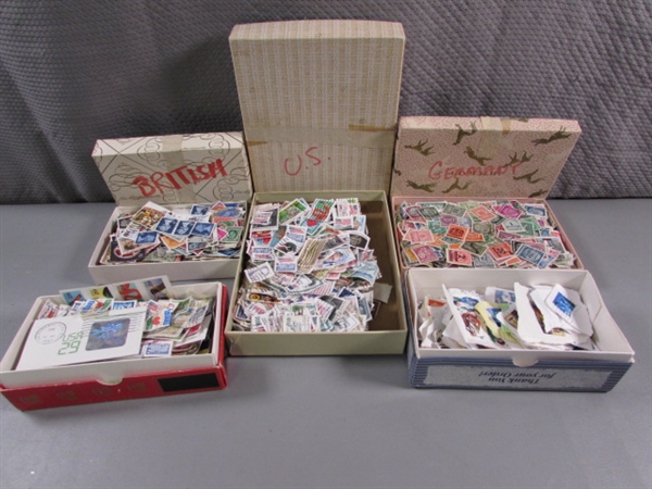 5 BOXES OF LOOSE POSTAGE STAMPS FOR COLLECTORS