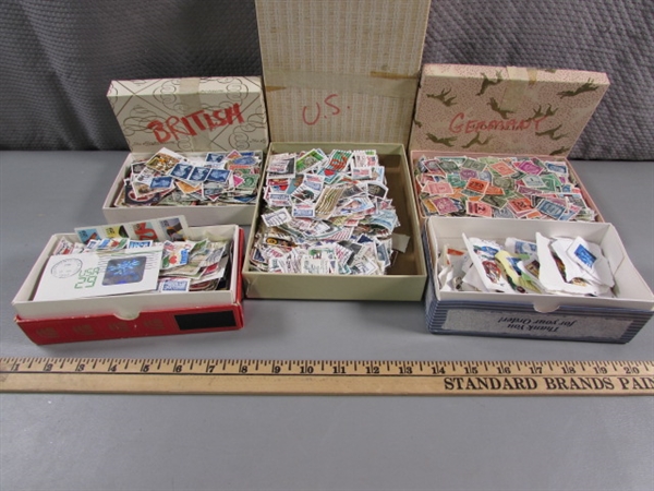 5 BOXES OF LOOSE POSTAGE STAMPS FOR COLLECTORS