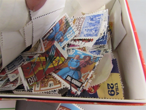 5 BOXES OF LOOSE POSTAGE STAMPS FOR COLLECTORS