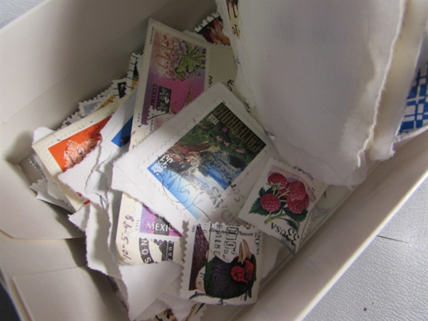 5 BOXES OF LOOSE POSTAGE STAMPS FOR COLLECTORS