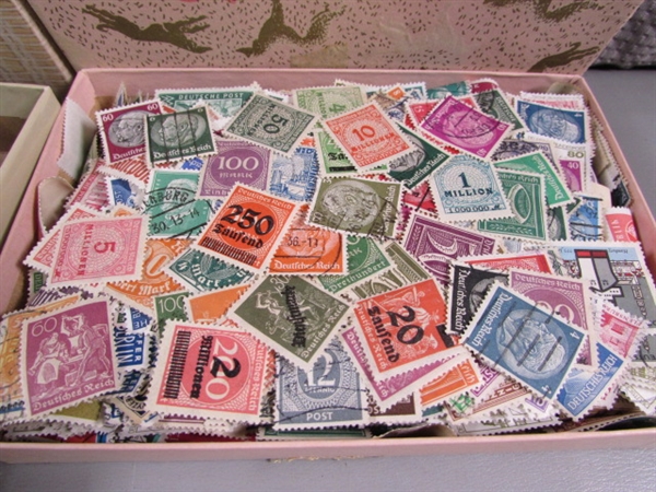 5 BOXES OF LOOSE POSTAGE STAMPS FOR COLLECTORS