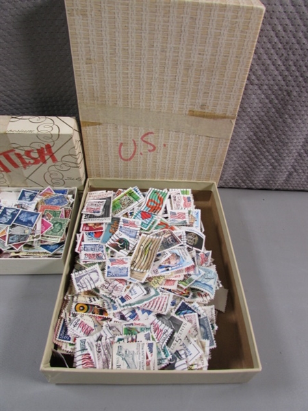 5 BOXES OF LOOSE POSTAGE STAMPS FOR COLLECTORS