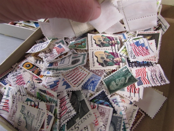 5 BOXES OF LOOSE POSTAGE STAMPS FOR COLLECTORS