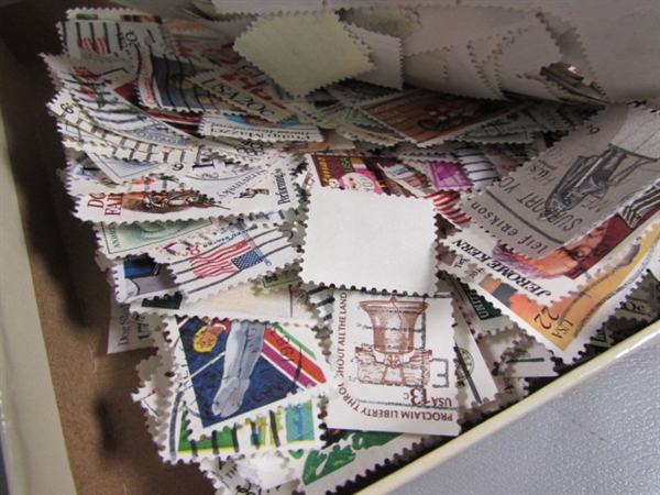 5 BOXES OF LOOSE POSTAGE STAMPS FOR COLLECTORS