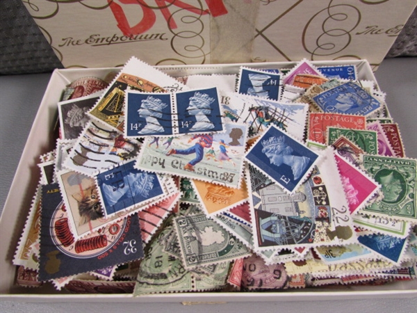 5 BOXES OF LOOSE POSTAGE STAMPS FOR COLLECTORS