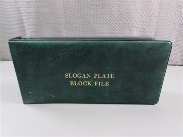 SLOGAN PLATE BLOCK FILE BINDER W/STAMP BLOCKS - 3/4 + FULL OF UNUSED STAMPS