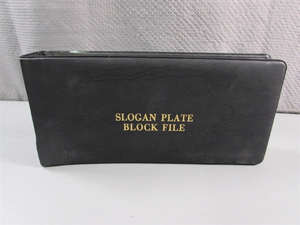 SLOGAN PLATE BLOCK FILE BINDER W/STAMP BLOCKS - 3/4 + FULL OF UNUSED STAMPS