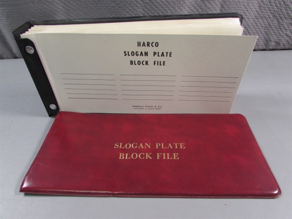 SLOGAN PLATE BLOCK FILE BINDER W/STAMP BLOCKS - ABOUT 1/2 FULL OF UNUSED STAMPS