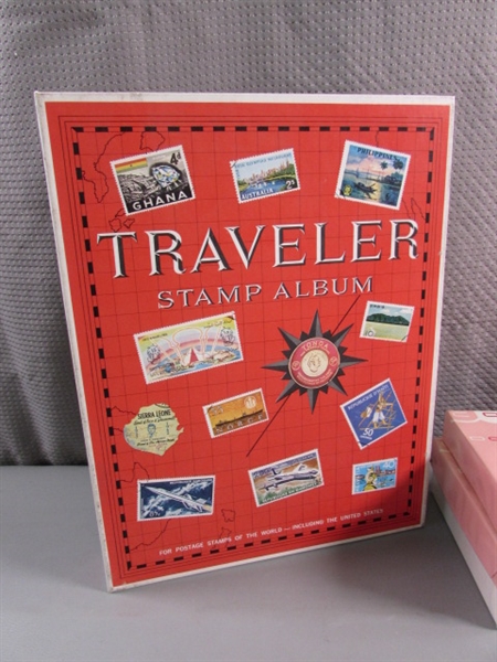 TRAVELER POSTAGE STAMP ALBUM & LOOSE US & FOREIGN STAMPS