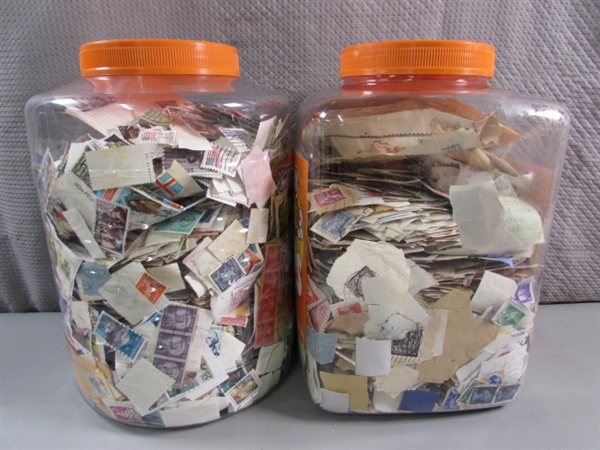 2 LARGE CONTAINERS OF POSTAGE STAMPS & MISC