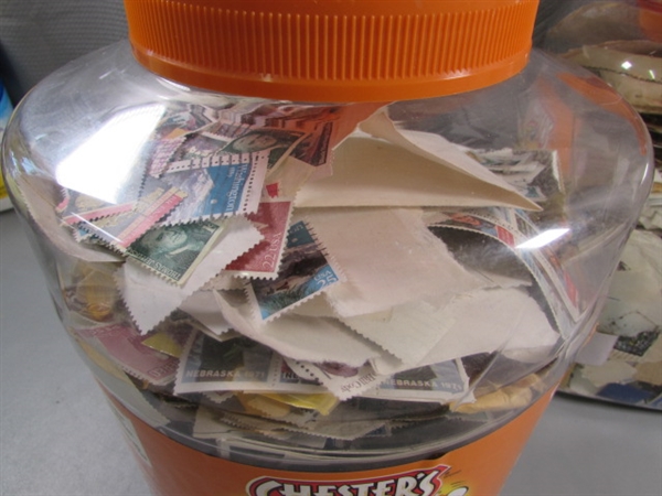 2 LARGE CONTAINERS OF POSTAGE STAMPS & MISC