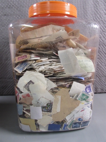 2 LARGE CONTAINERS OF POSTAGE STAMPS & MISC