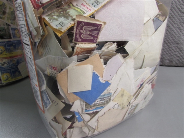 2 LARGE CONTAINERS OF POSTAGE STAMPS & MISC