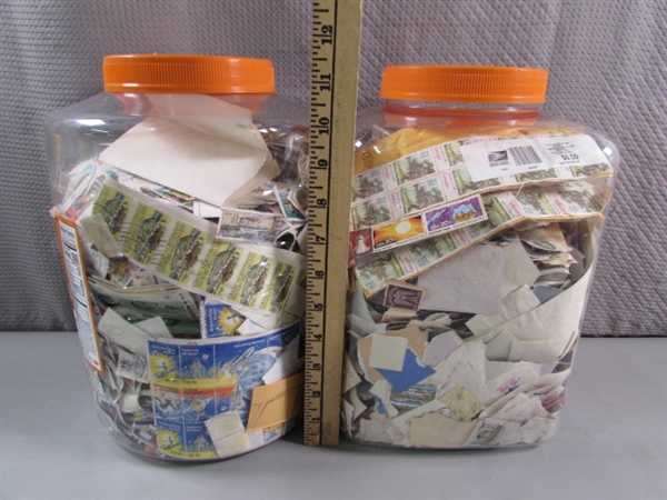 2 LARGE CONTAINERS OF POSTAGE STAMPS & MISC