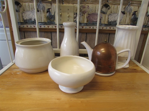 WHITE STONEWARE & CERAMIC TEAPOT W/COPPER COZY