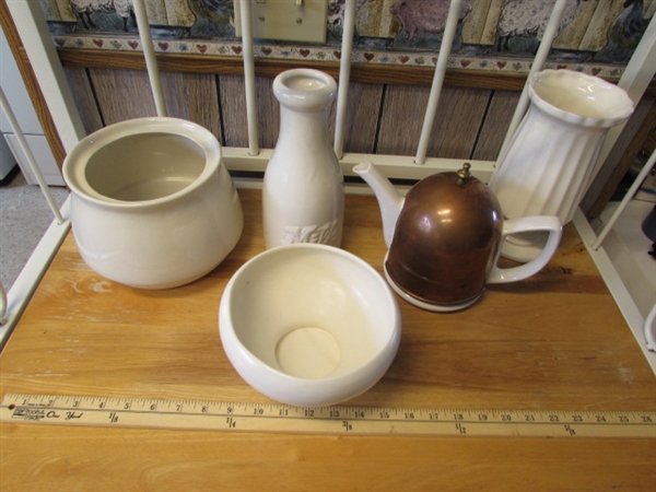 WHITE STONEWARE & CERAMIC TEAPOT W/COPPER COZY