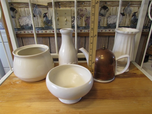 WHITE STONEWARE & CERAMIC TEAPOT W/COPPER COZY