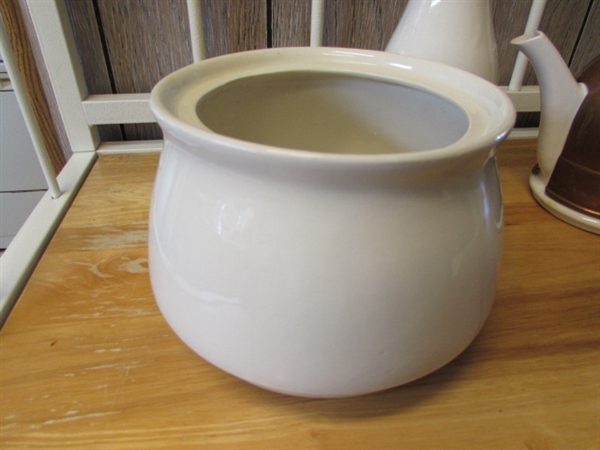 WHITE STONEWARE & CERAMIC TEAPOT W/COPPER COZY