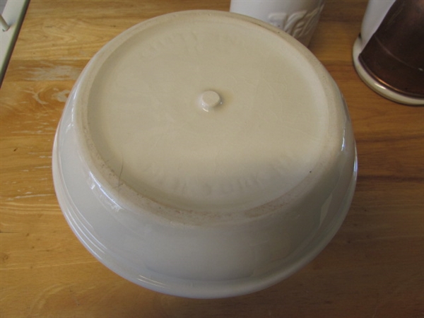 WHITE STONEWARE & CERAMIC TEAPOT W/COPPER COZY