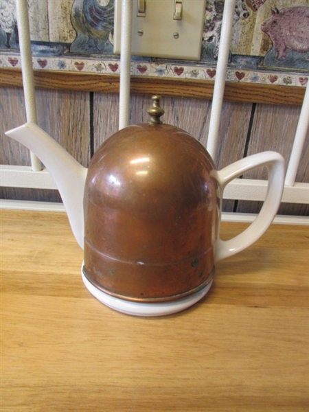 WHITE STONEWARE & CERAMIC TEAPOT W/COPPER COZY