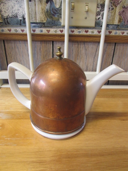 WHITE STONEWARE & CERAMIC TEAPOT W/COPPER COZY