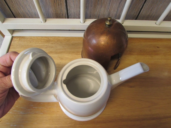 WHITE STONEWARE & CERAMIC TEAPOT W/COPPER COZY