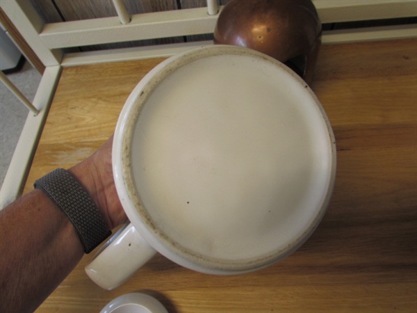 WHITE STONEWARE & CERAMIC TEAPOT W/COPPER COZY