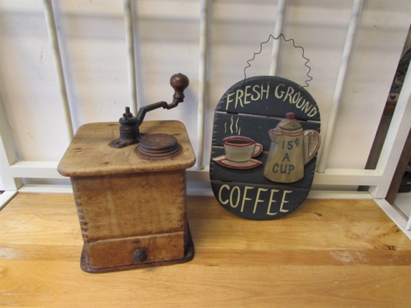 ANTIQUE COFFEE MILL & COFFEE SIGN