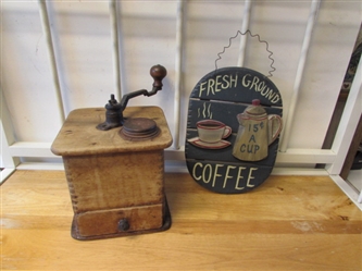 ANTIQUE COFFEE MILL & "COFFEE" SIGN