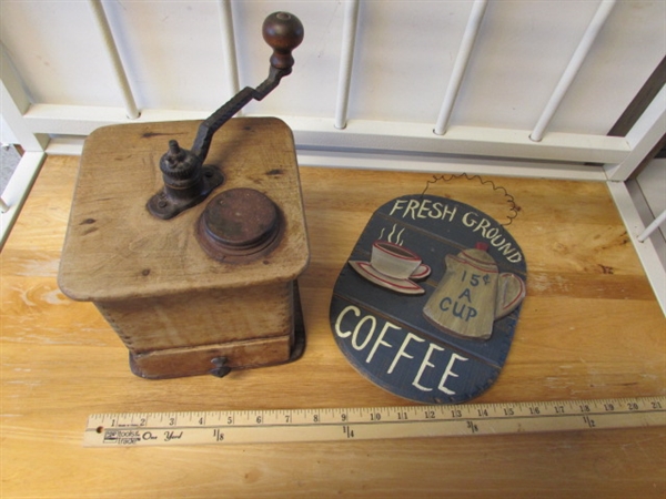 ANTIQUE COFFEE MILL & COFFEE SIGN