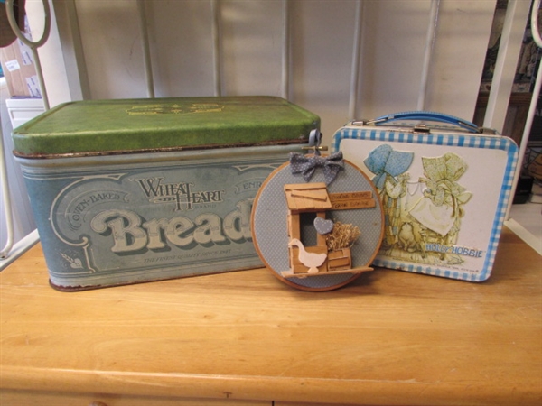 VINTAGE HOLLY HOBBIE LUNCHBOX, TIN BREADBOX & WALL HANGING