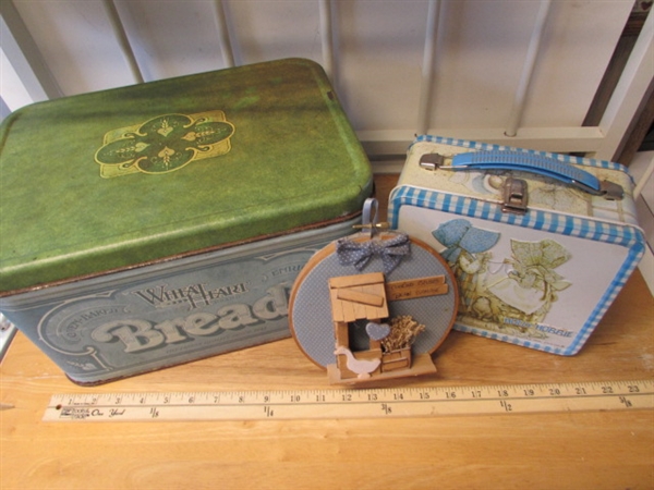 VINTAGE HOLLY HOBBIE LUNCHBOX, TIN BREADBOX & WALL HANGING