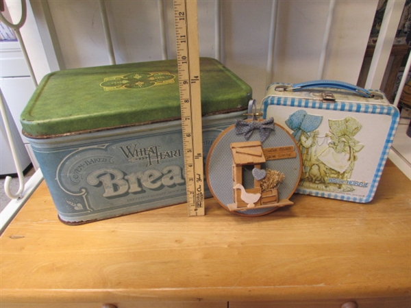 VINTAGE HOLLY HOBBIE LUNCHBOX, TIN BREADBOX & WALL HANGING