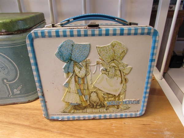 VINTAGE HOLLY HOBBIE LUNCHBOX, TIN BREADBOX & WALL HANGING