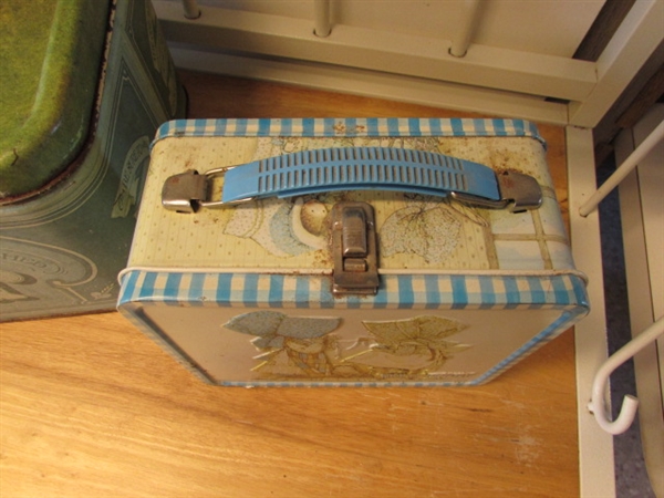 VINTAGE HOLLY HOBBIE LUNCHBOX, TIN BREADBOX & WALL HANGING