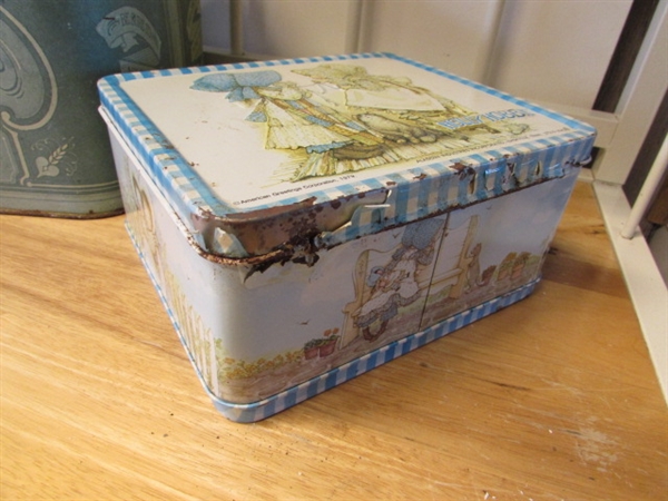 VINTAGE HOLLY HOBBIE LUNCHBOX, TIN BREADBOX & WALL HANGING