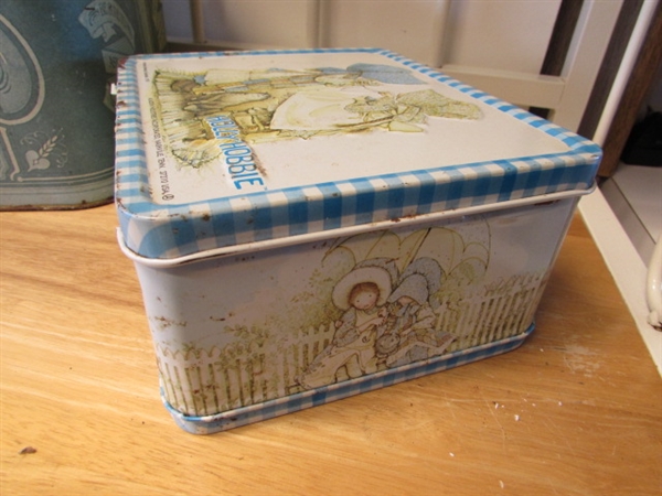 VINTAGE HOLLY HOBBIE LUNCHBOX, TIN BREADBOX & WALL HANGING