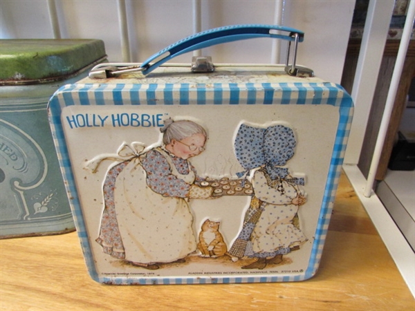 VINTAGE HOLLY HOBBIE LUNCHBOX, TIN BREADBOX & WALL HANGING