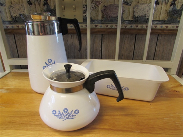 CORNFLOWER CORNING WARE TEA KETTLE, PERCOLATOR & LOAF PAN