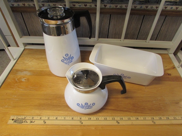 CORNFLOWER CORNING WARE TEA KETTLE, PERCOLATOR & LOAF PAN