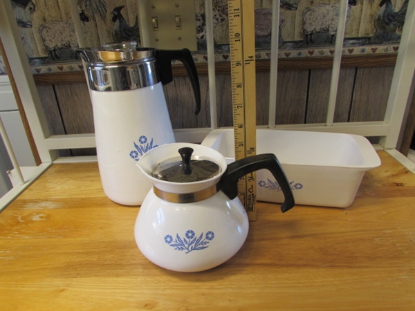 CORNFLOWER CORNING WARE TEA KETTLE, PERCOLATOR & LOAF PAN