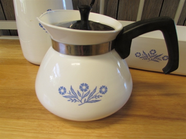 CORNFLOWER CORNING WARE TEA KETTLE, PERCOLATOR & LOAF PAN