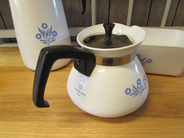 CORNFLOWER CORNING WARE TEA KETTLE, PERCOLATOR & LOAF PAN